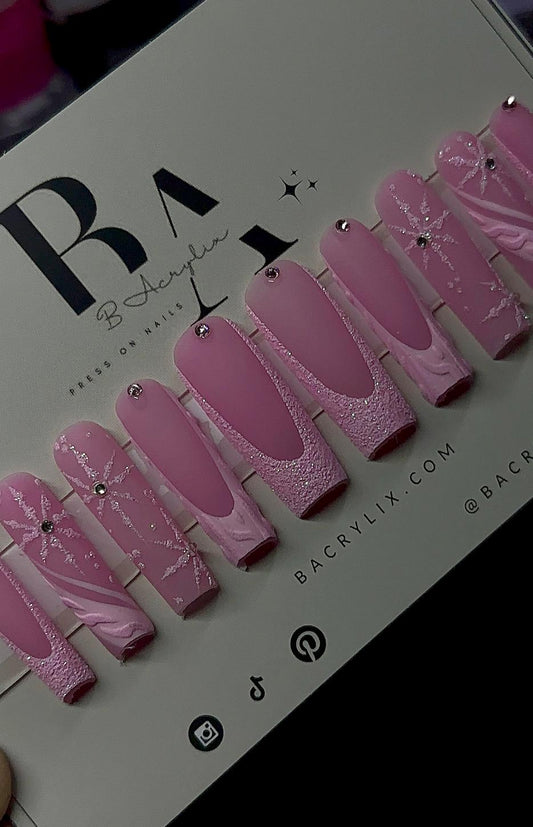 Pink Snowflake Press ons | Christmas press on nails | Handmade Press On Nails