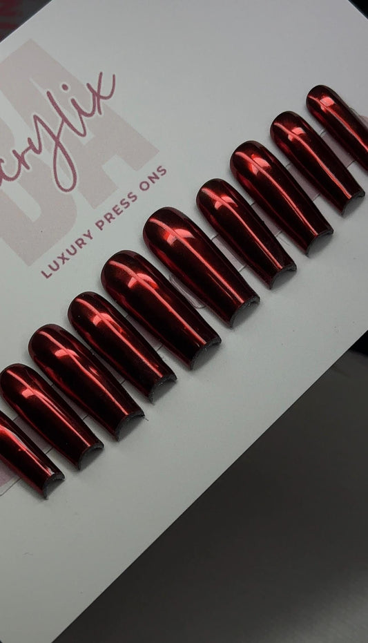 Red Chrome press ons | Holiday press on nails | Winter Press On Nails | Handmade Press On Nails