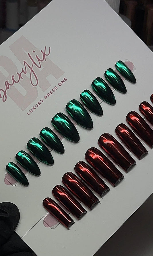 Red & Green Chrome Bundle press ons | press on nails | Holiday Press on nails | Handmade Press On Nails