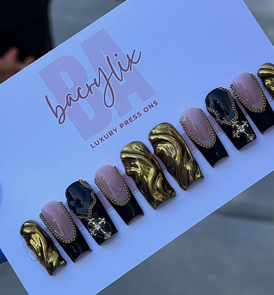 Gold 3D Chrome + Rosary press ons | Spring press on nails | Handmade Press On Nails