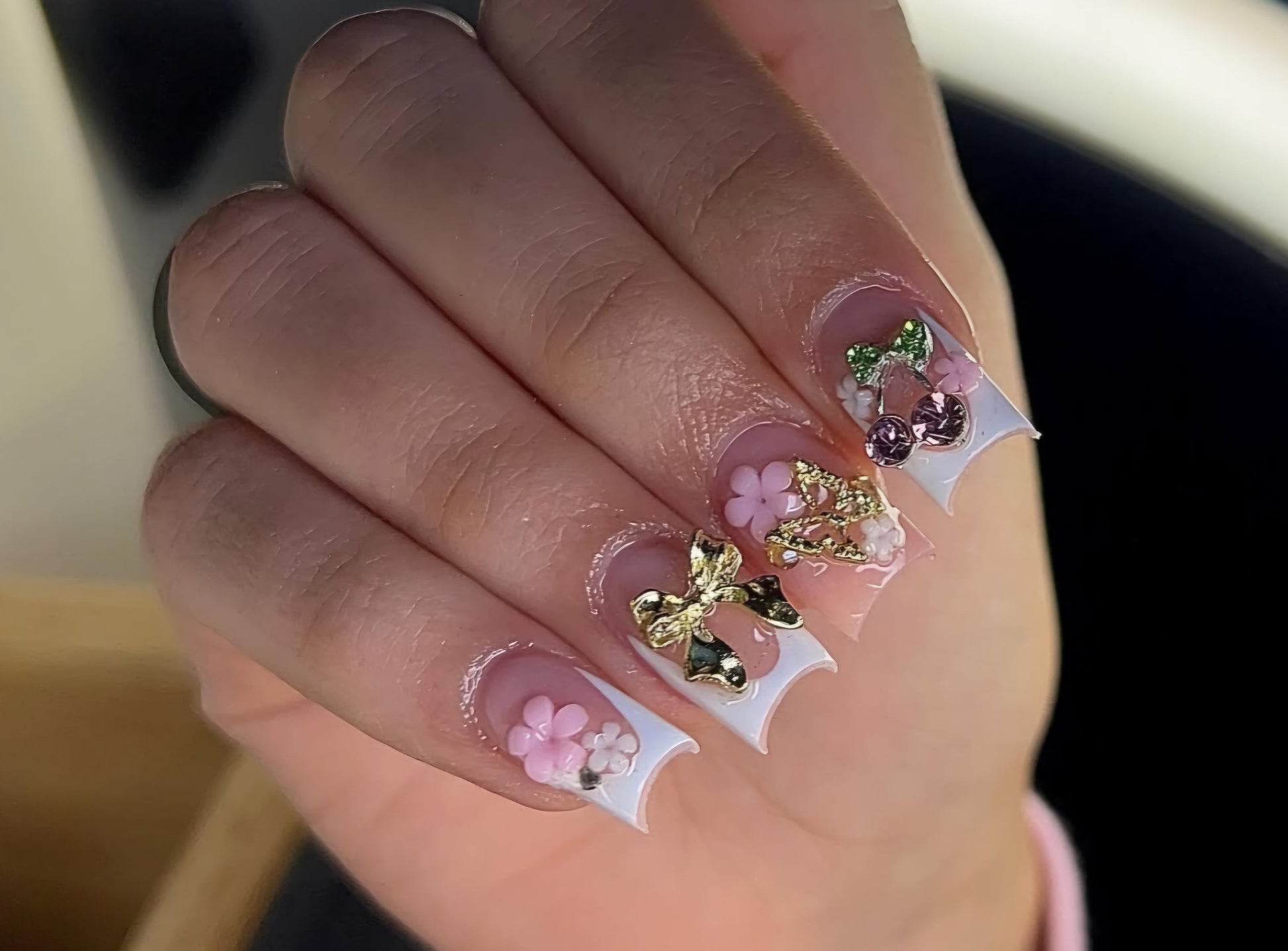White French + Junk Charms press ons | Spring press on nails | Handmade Press On Nails