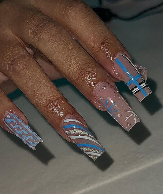 Blue Snowflake + Swirls press ons | Holiday press on nails | Handmade Press On Nails | Winter Press on Nails