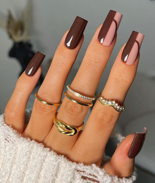 Half Brown French press ons | Fall press on nails | Handmade Press On Nails