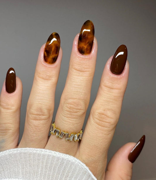 Chocolate Red + Tortie press ons | Spring press on nails | Handmade Press On Nails