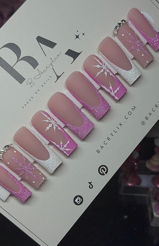 Sugared French + Snowflakes press ons | Holiday press on nails | Handmade Press On Nails | Winter Press on Nails