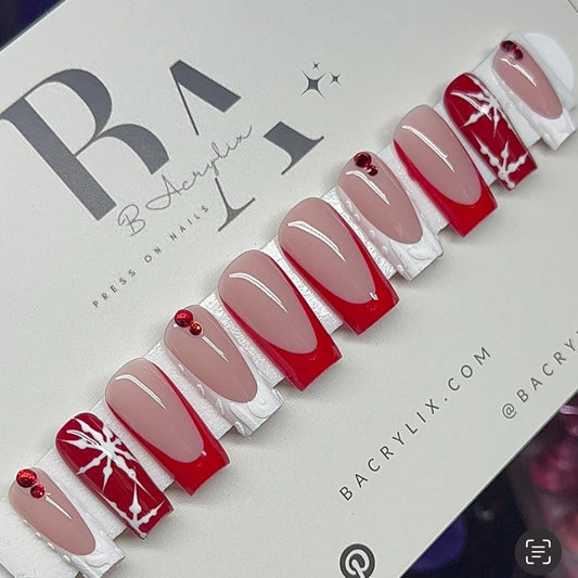Red & White French + Snowflakes press ons | Holiday press on nails | Handmade Press On Nails | Winter Press on Nails