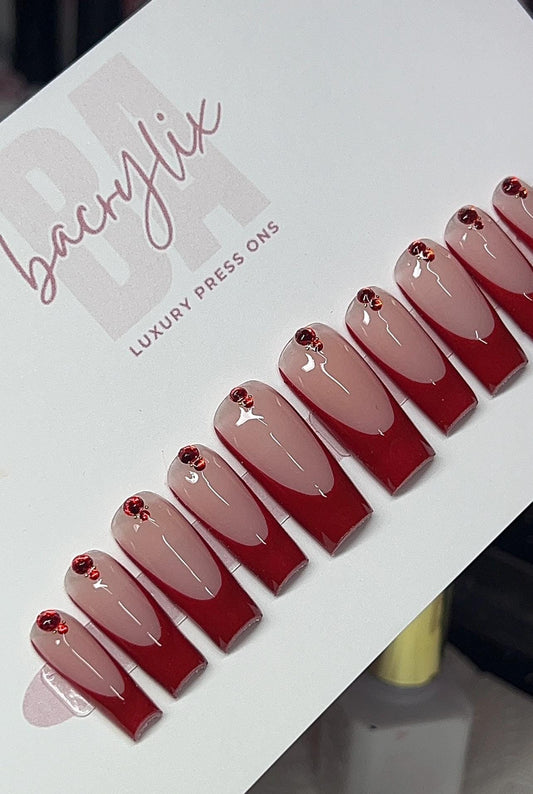 Red French tips + Bling press ons | Spring press on nails | Handmade Press On Nails | SpringPress on Nails