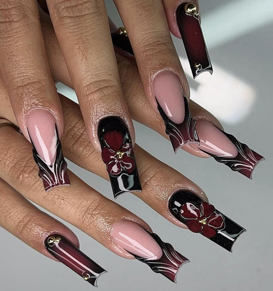 Black & Red Aura French tips press ons | Fall press on nails | Handmade Press On Nails