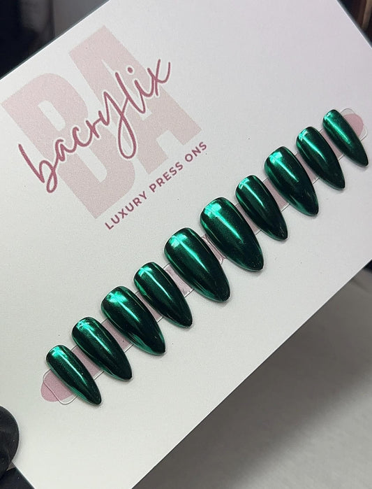 Green Chrome press ons | Holiday press on nails | Winter Press On Nails | Handmade Press On Nails