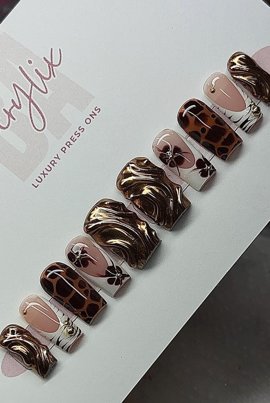 Spring Brown Flowers + Chrome + Tortoise Print press ons | Spring press on nails | Handmade Press On Nails