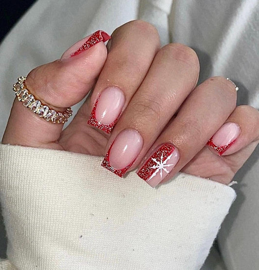 Red Reflective Glitter French tips + Snowflakes press ons | Holiday press on nails | Handmade Press On Nails | Winter Press on Nails