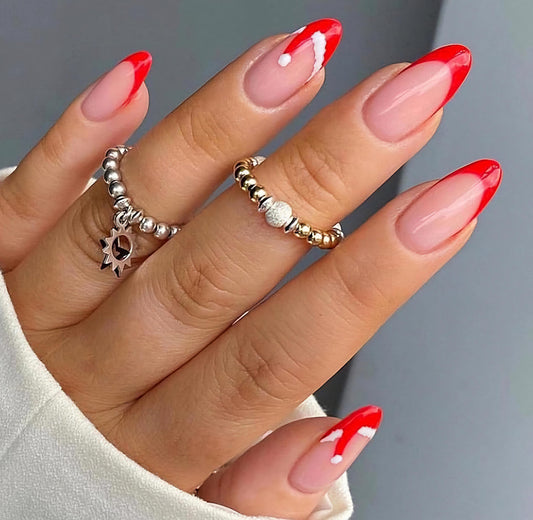 Red French + Santa Hat press ons | Holiday press on nails | Handmade Press On Nails | Winter Press on Nails