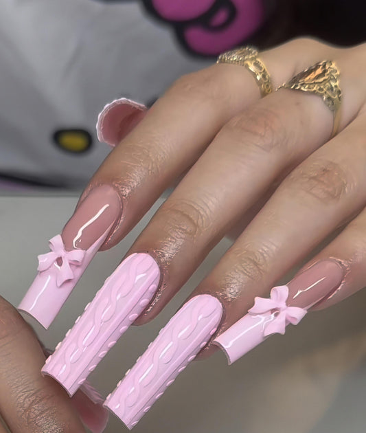 Soft Pink + Bows press ons | Holiday press on nails | Winter Press On Nails | Handmade Press On Nails