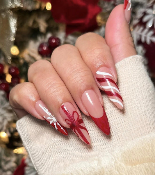 Red & White Candystripe + Bows press ons | Holiday press on nails | Handmade Press On Nails | Winter Press on Nails