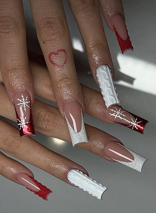 Red Metallic + Mix & Match Winter press ons | Holiday press on nails | Handmade Press On Nails | Winter Press on Nails