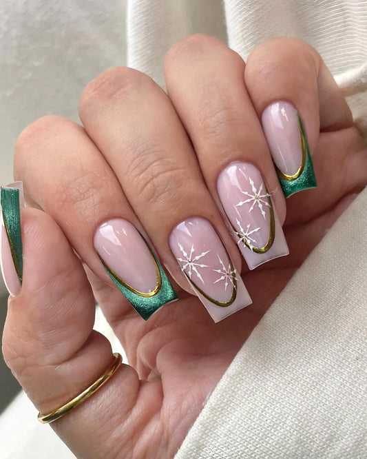 Snowflakes + Green Cateye French press ons | Holiday press on nails | Winter Press On Nails | Handmade Press On Nails