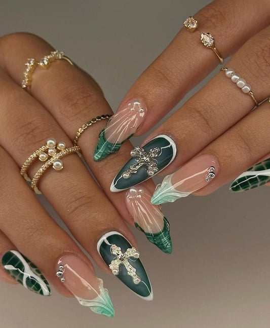 Green Trendy Mix & Match press ons | Spring press on nails | Winter Press On Nails | Handmade Press On Nails