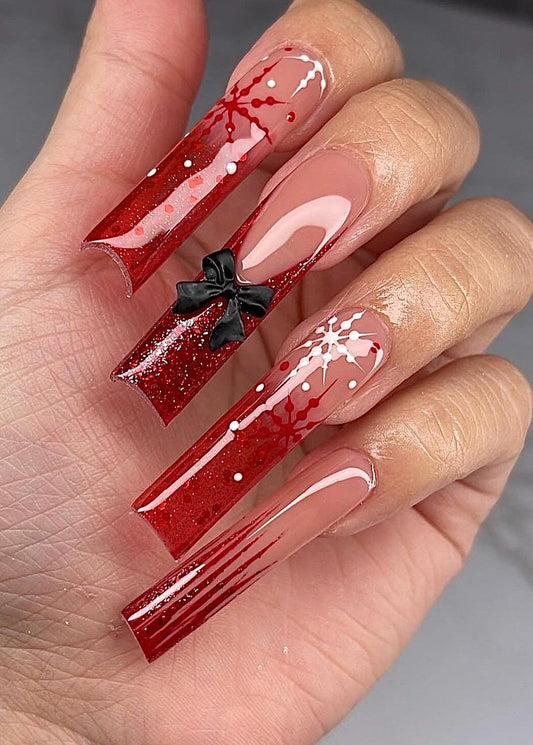 Red Glitter French + Snowflakes press ons | Holiday press on nails | Handmade Press On Nails | Winter Press on Nails