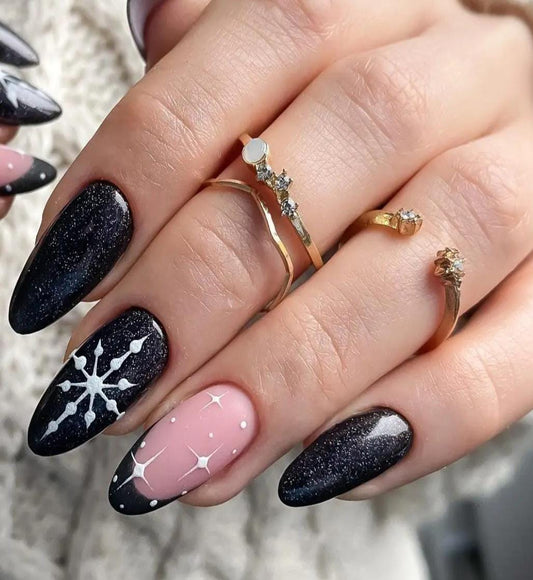 Midnight Reflective Glitter + Snowflakes press ons | Holiday press on nails | Handmade Press On Nails | Winter Press on Nails