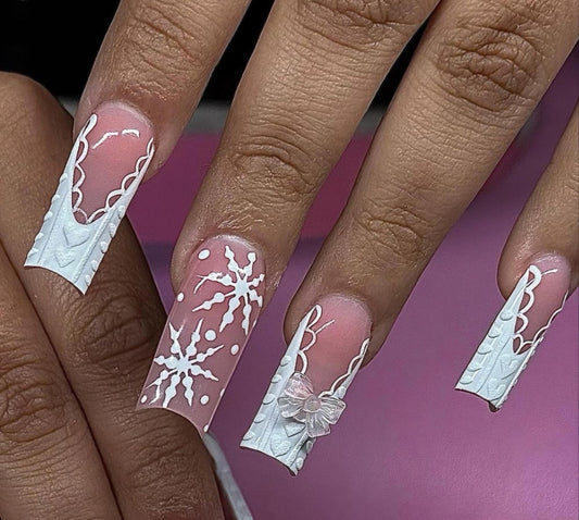 White Coquette Winter + Snowflakes press ons | Holiday press on nails | Handmade Press On Nails | Winter Press on Nails
