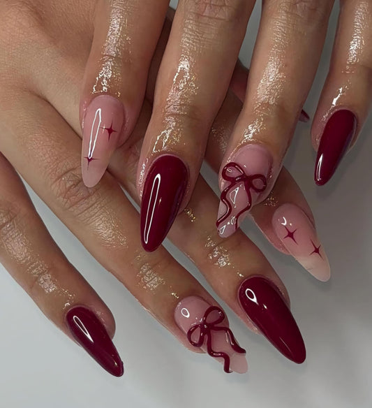 Burgundy Bow mix & match press ons | Spring press on nails | SpringPress On Nails | Handmade Press On Nails