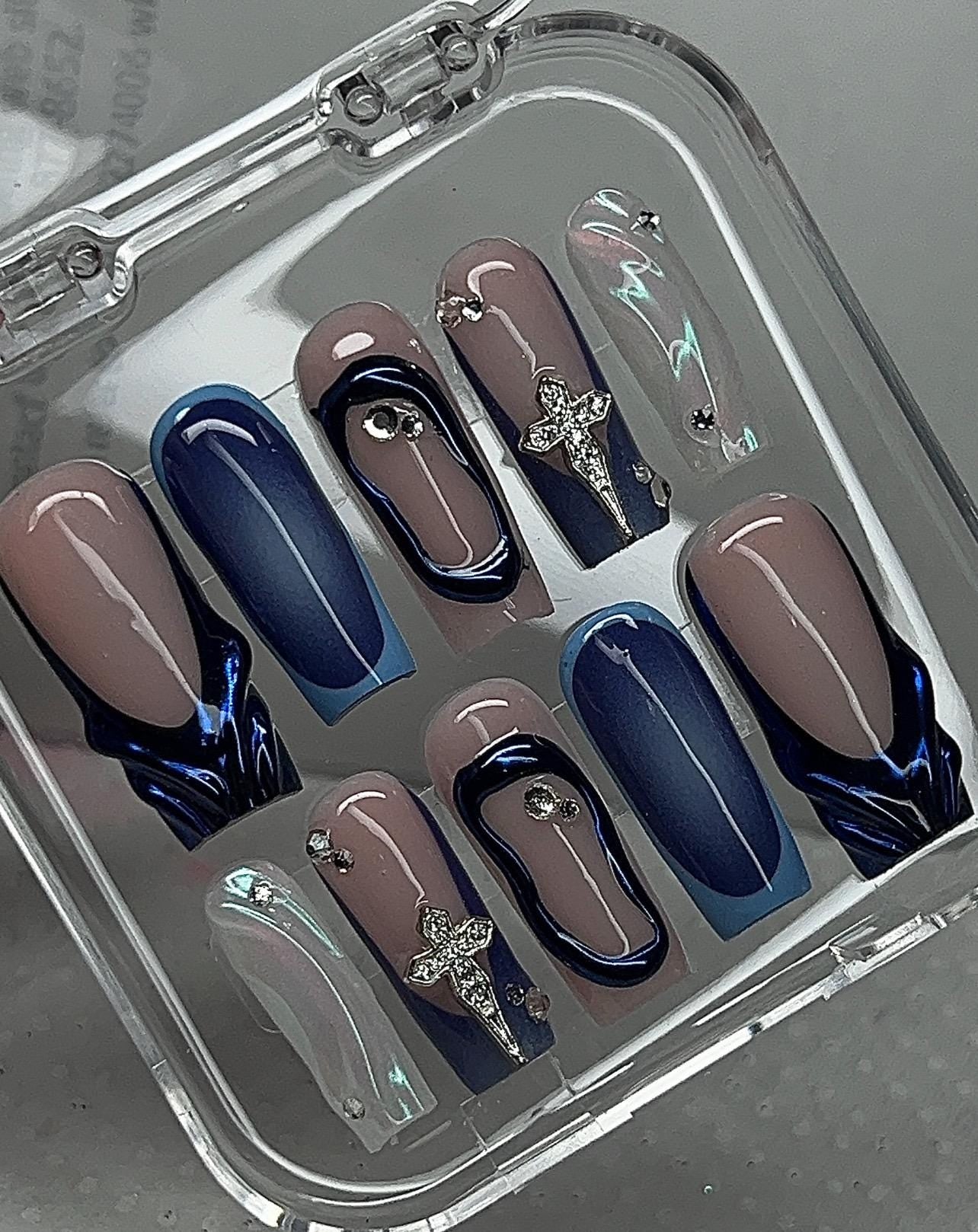 Blue 3d Chrome Mix & Match + Charms press ons | Spring press on nails | Handmade Press On Nails | SpringPress on Nails
