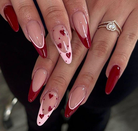 Red & Pink French + Hearts press ons | Spring press on nails | Handmade Press On Nails | SpringPress on Nails