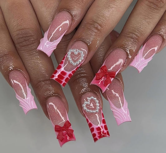 Pink + Red Glitter Mix & Match French press ons | Spring press on nails | Handmade Press On Nails | SpringPress on Nails