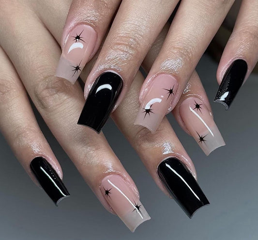 Black + Starburst Stars press ons | Valentines Day press on nails | Handmade Press On Nails | Winter Press on Nails