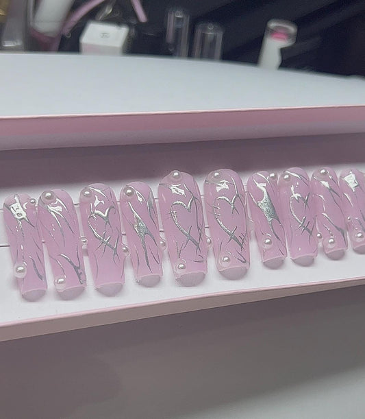 Lace Pink + Chrome Hearts press ons | Spring press on nails | Handmade Press On Nails | SpringPress on Nails