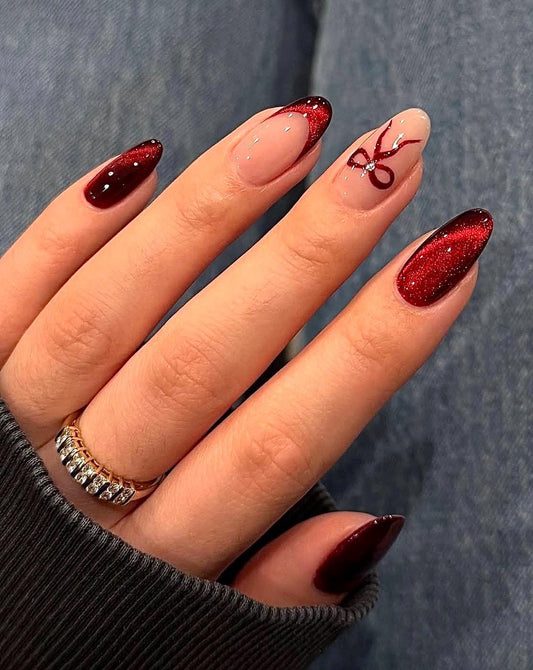 Red Glass Cateye + Bow press ons | Spring press on nails | Handmade Press On Nails | SpringPress on Nails