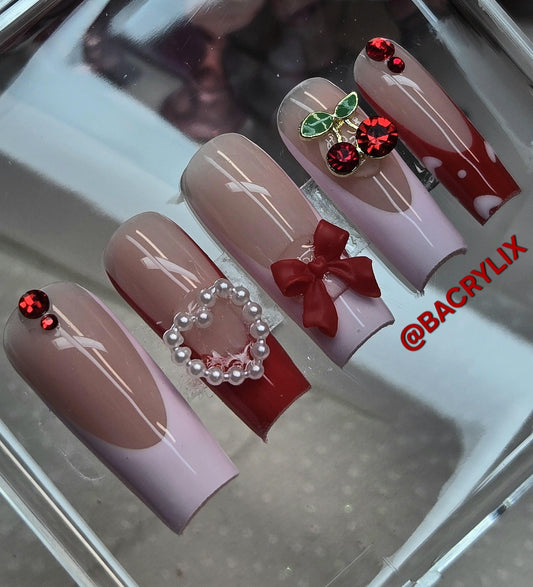 Red & Pink French + Charms press ons | Spring press on nails | Handmade Press On Nails | SpringPress on Nails