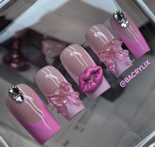 Pink French + Lips Charms press ons | Spring press on nails | Handmade Press On Nails | SpringPress on Nails