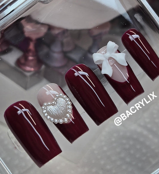 Cherry Mocha + Pearl Hearts press ons | Spring press on nails | Handmade Press On Nails | SpringPress on Nails