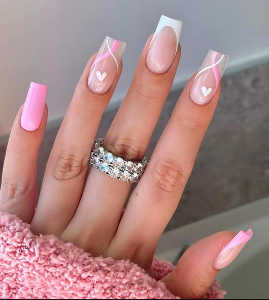 Pink Mix & Match French + Hearts press ons | Spring press on nails | Handmade Press On Nails | Press on Nails