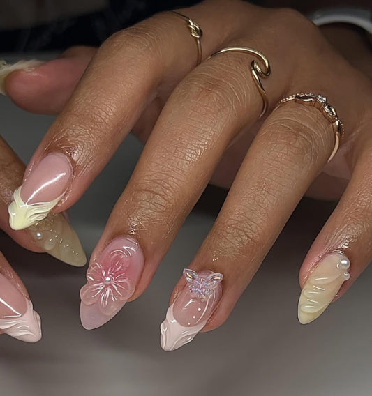 Pink & Yellow 3d Fairycore + Flowers press ons | Spring press on nails | Handmade Press On Nails | SpringPress on Nails