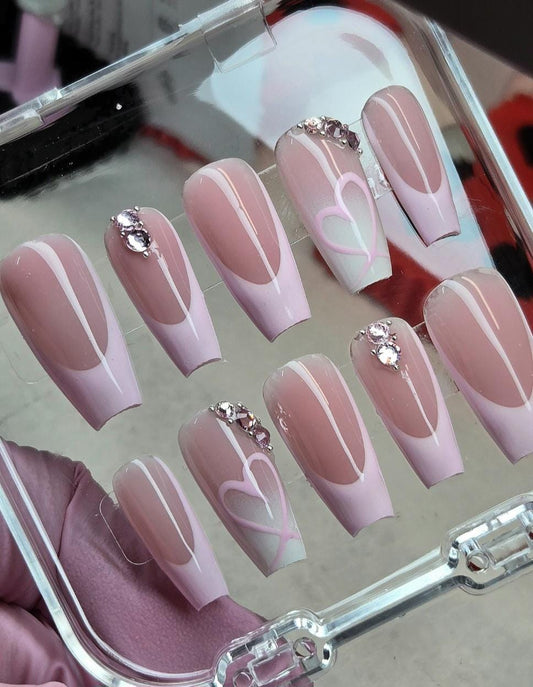 Pink French + Hearts press ons | Spring press on nails | Handmade Press On Nails | SpringPress on Nails