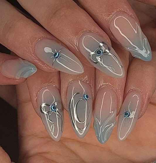 Milky Blue Aura + Chrome Bows press ons | Spring press on nails | Handmade Press On Nails | SpringPress on Nails