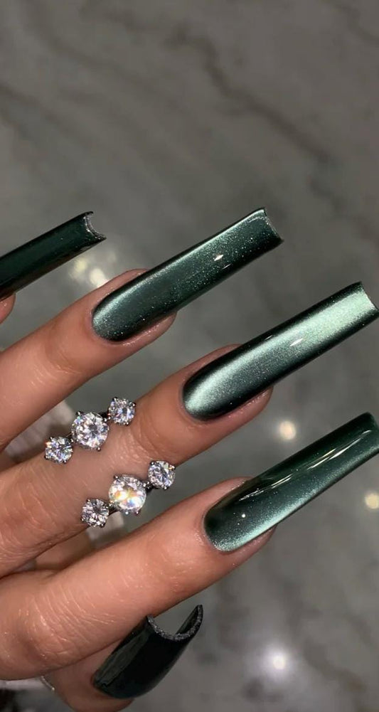 Hunter Green Velvet Glass Cateye press ons | press on nails | Handmade Press On Nails
