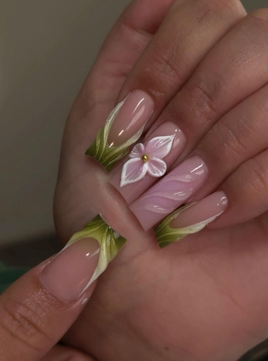 Green Ombre 3D French + 3D flowers press ons | Spring press on nails | Handmade Press On Nails