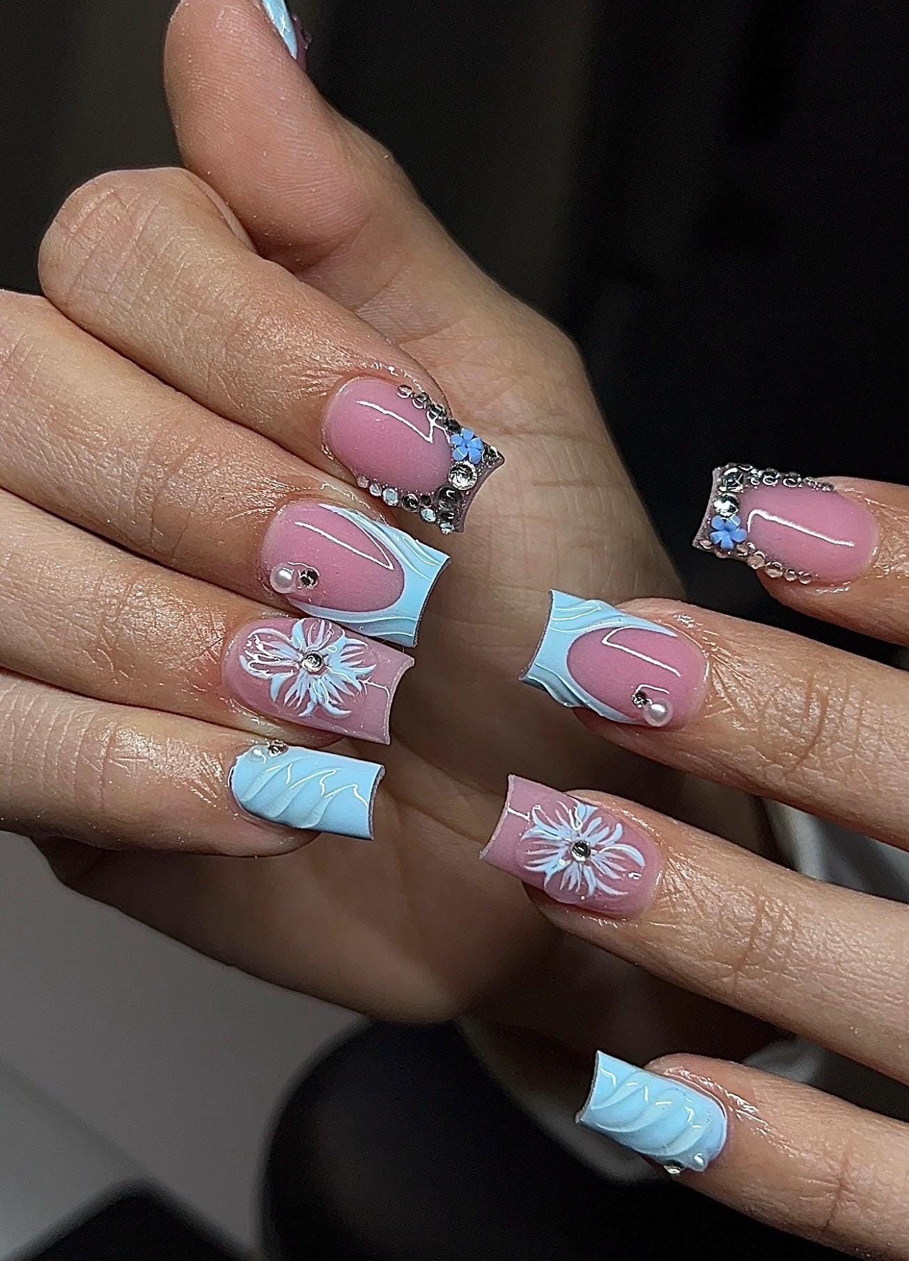 Baby Blue + 3D flowers press ons | Summer press on nails | Handmade Press On Nails