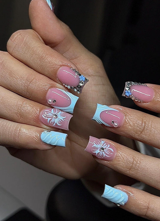 Baby Blue + 3D flowers press ons | Summer press on nails | Handmade Press On Nails