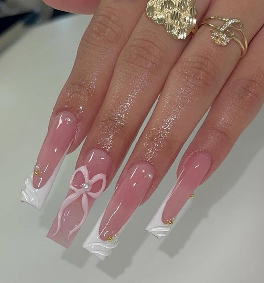 White 3D French + 3D bows press ons | Summer press on nails | Handmade Press On Nails