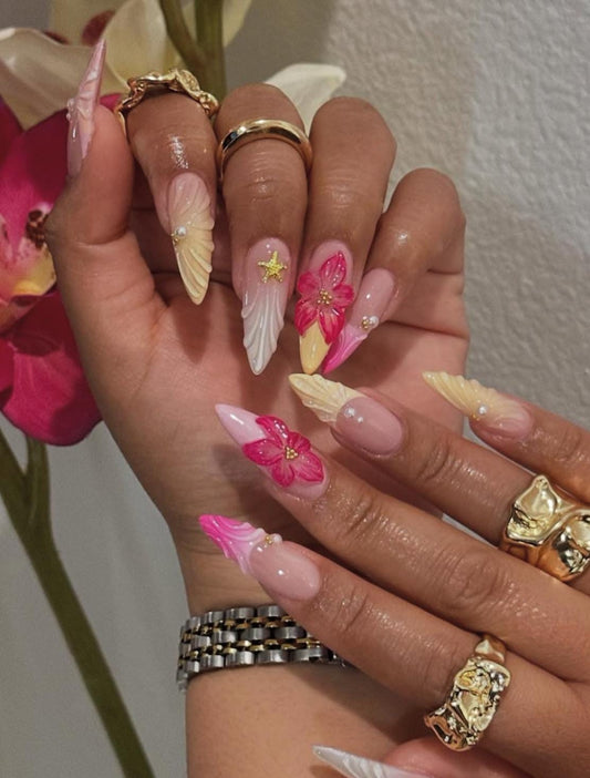 Pink & Yellow Beachy + 3D press ons | Summer press on nails | Handmade Press On Nails
