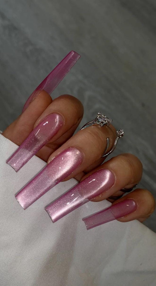 Peony Pink Glass Cateye press ons | Spring press on nails | SpringPress On Nails | Handmade Press On Nails