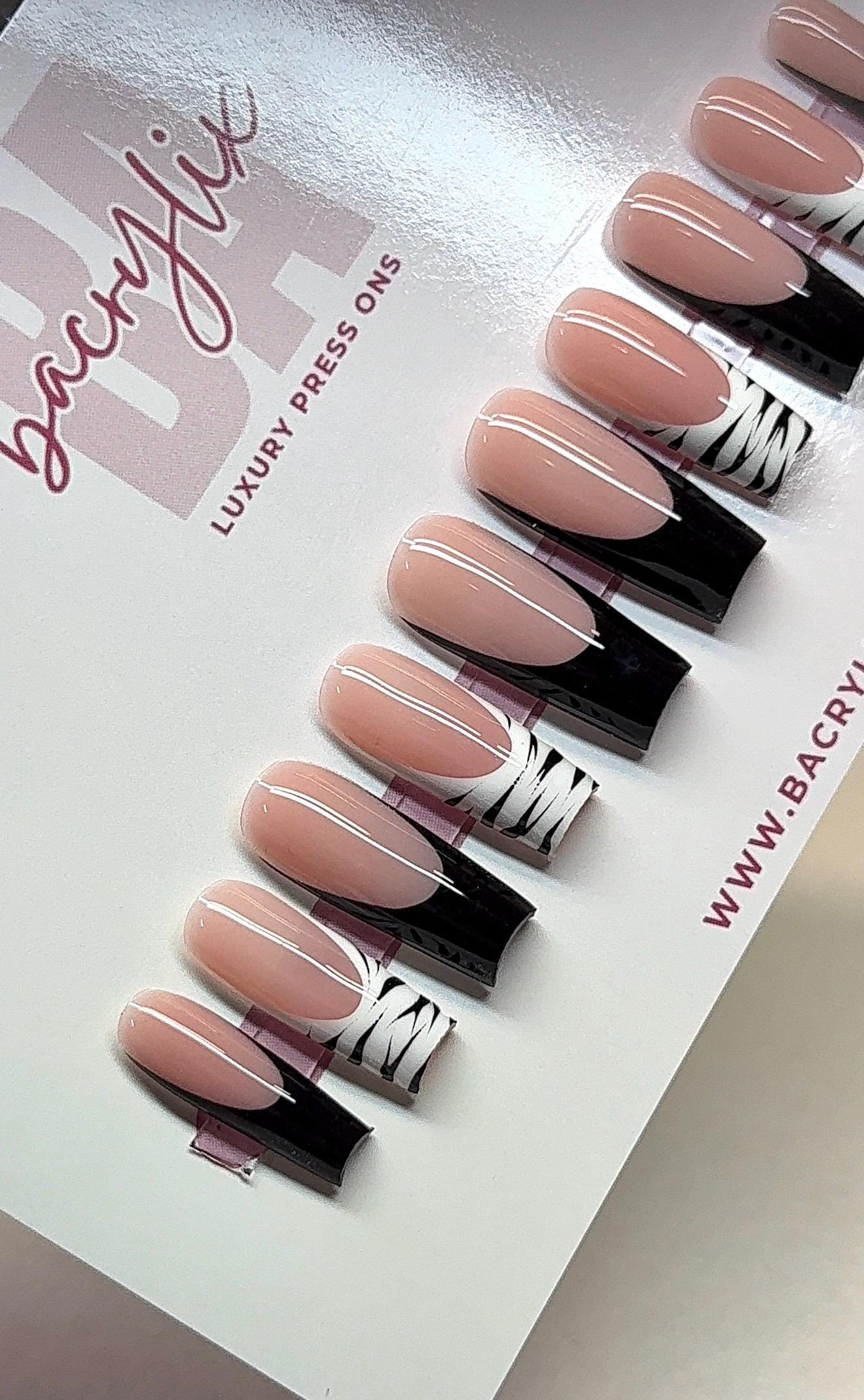 Black + Zebra French press ons | Spring press on nails | Handmade Press On Nails