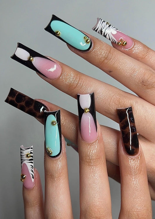 Teal + Mix & Match Animal print press ons | Summer press on nails | Handmade Press On Nails