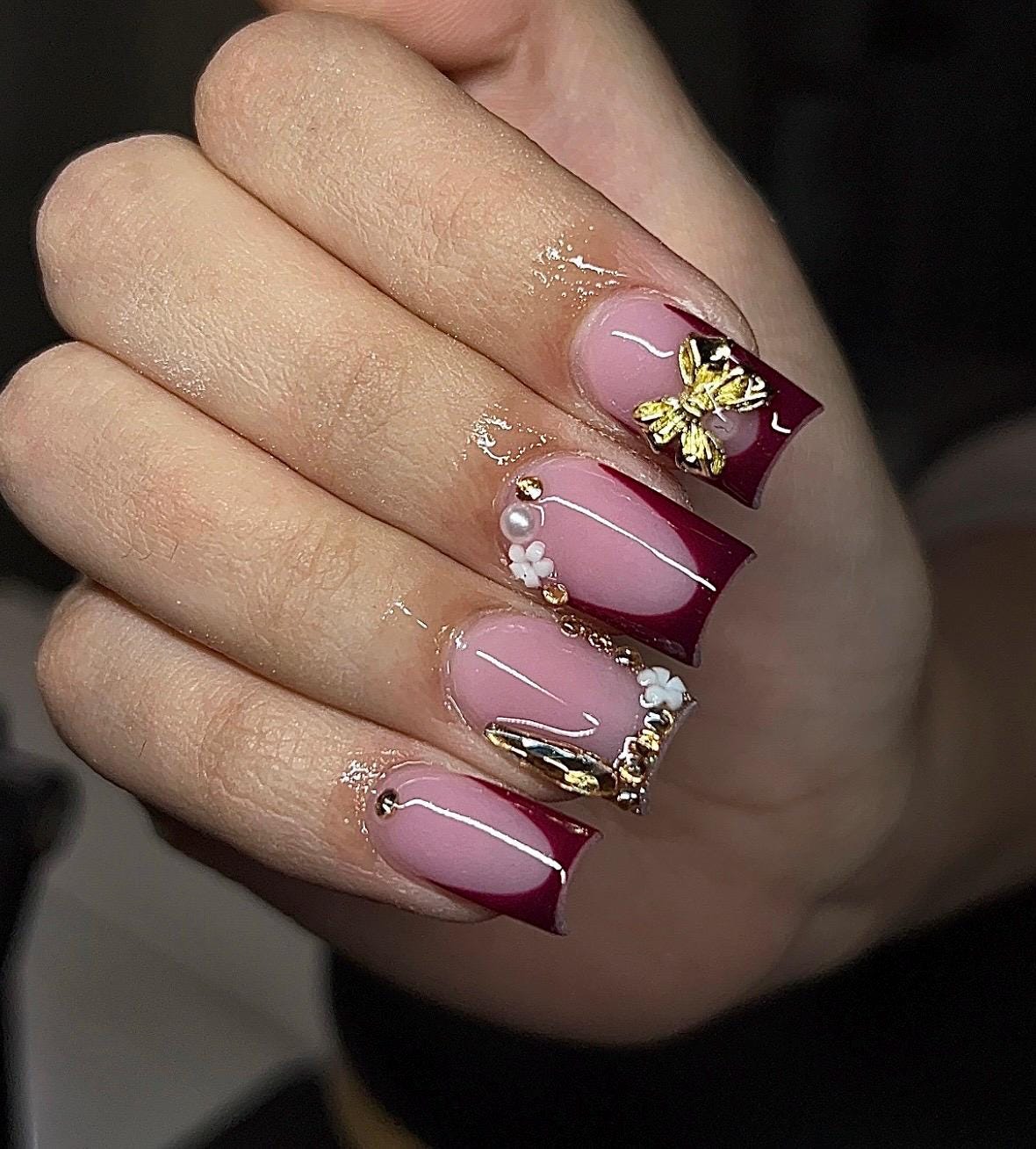 Wine + Gold Bling press ons | Summer press on nails | Handmade Press On Nails