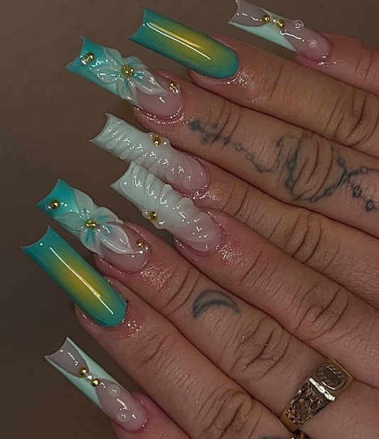 Tropical Teal 3D press ons | Summer press on nails | Handmade Press On Nails