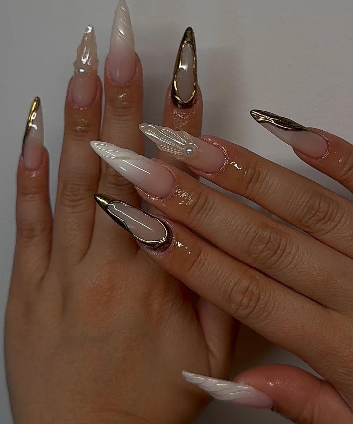 Pearl & Gold + 3D press ons | Summer press on nails | Handmade Press On Nails